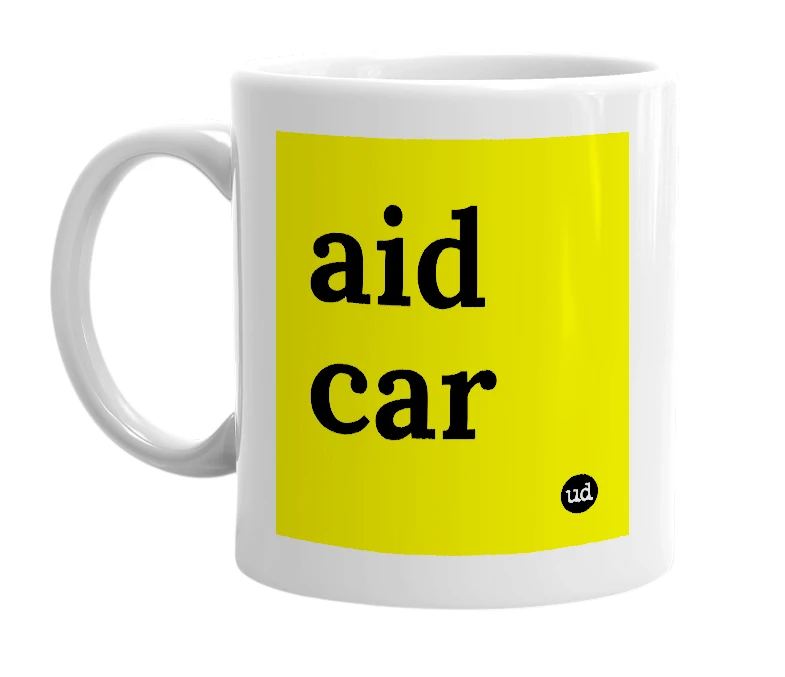 White mug with 'aid car' in bold black letters