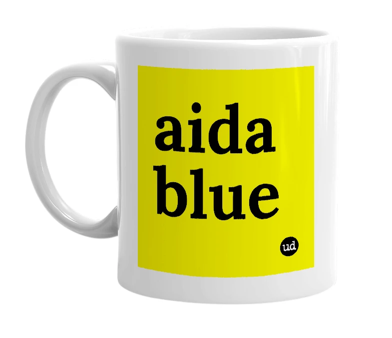 White mug with 'aida blue' in bold black letters