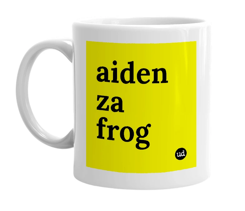 White mug with 'aiden za frog' in bold black letters