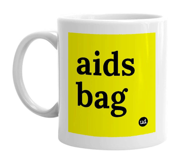 White mug with 'aids bag' in bold black letters