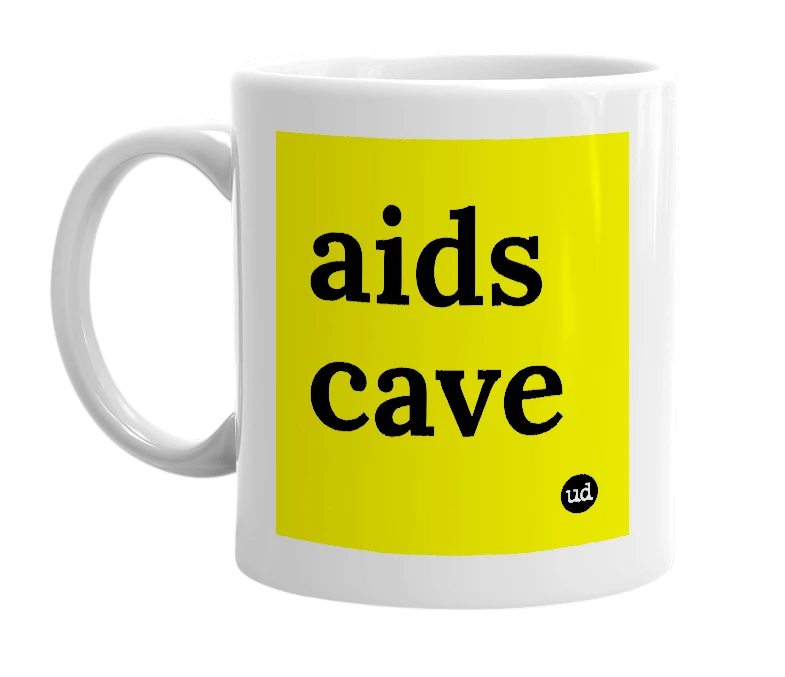 White mug with 'aids cave' in bold black letters