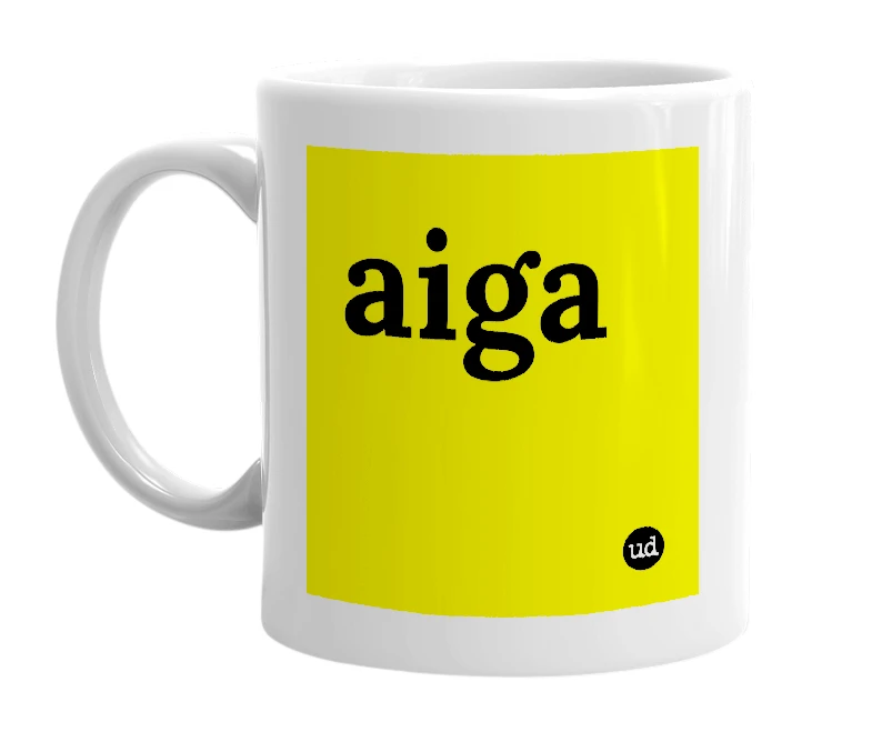 White mug with 'aiga' in bold black letters