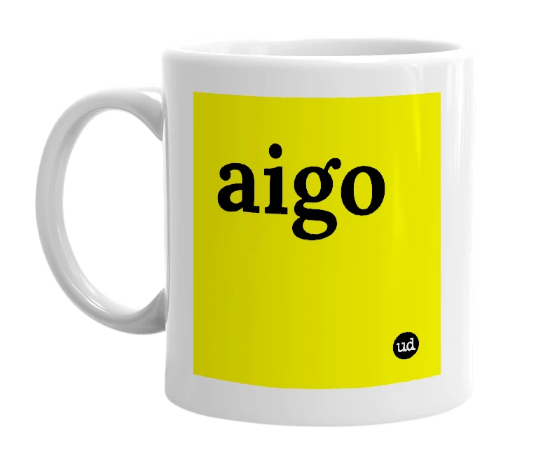 White mug with 'aigo' in bold black letters