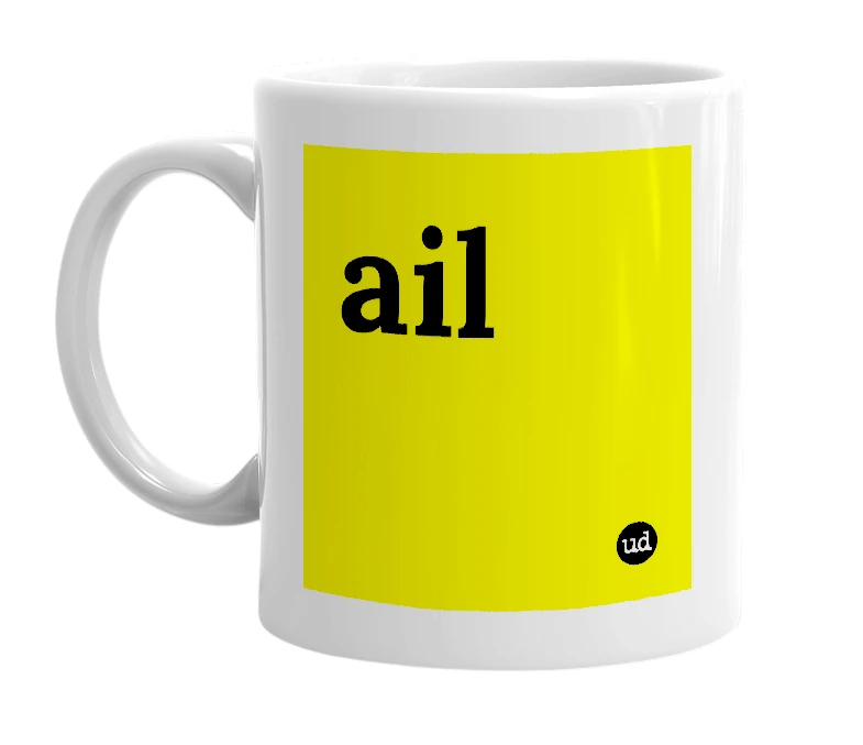 White mug with 'ail' in bold black letters