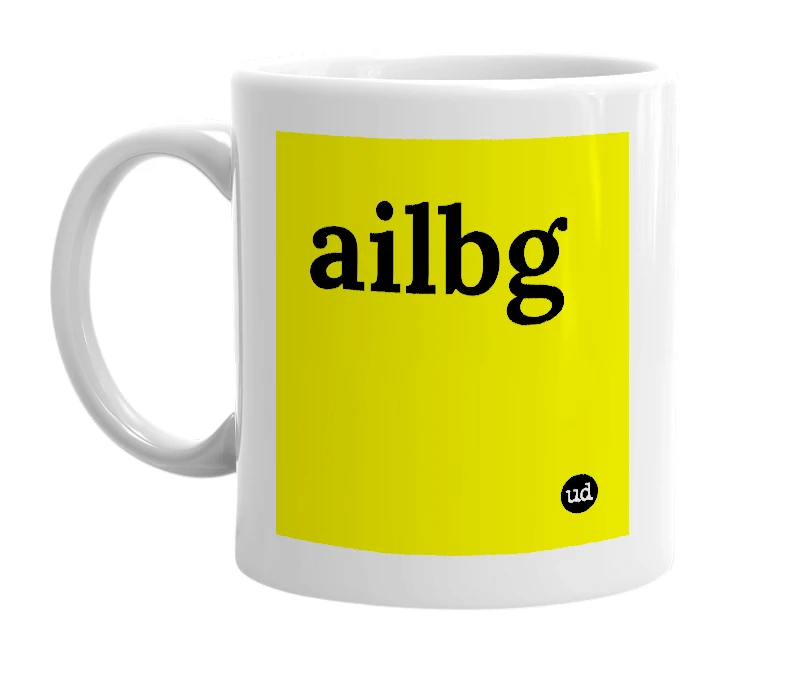White mug with 'ailbg' in bold black letters