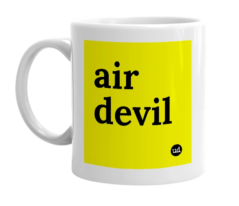 White mug with 'air devil' in bold black letters