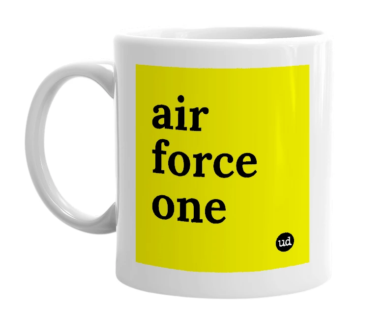 White mug with 'air force one' in bold black letters