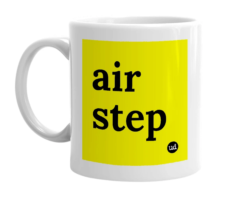 White mug with 'air step' in bold black letters