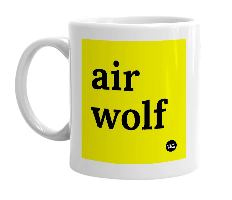 White mug with 'air wolf' in bold black letters
