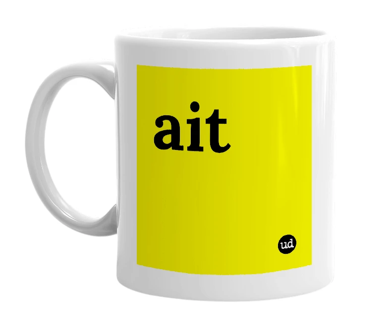White mug with 'ait' in bold black letters