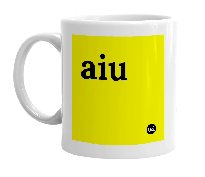 White mug with 'aiu' in bold black letters