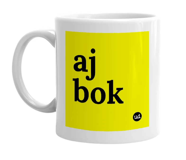 White mug with 'aj bok' in bold black letters