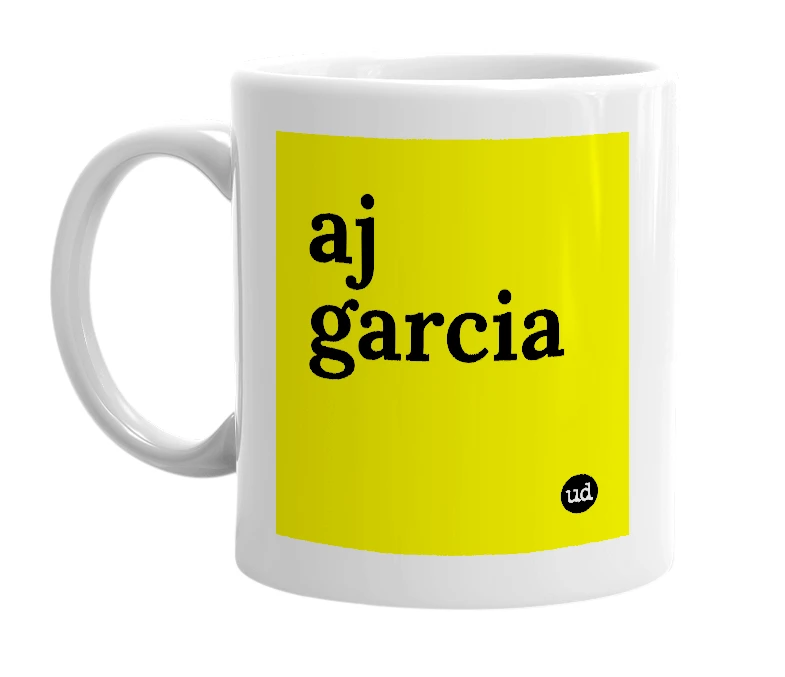 White mug with 'aj garcia' in bold black letters