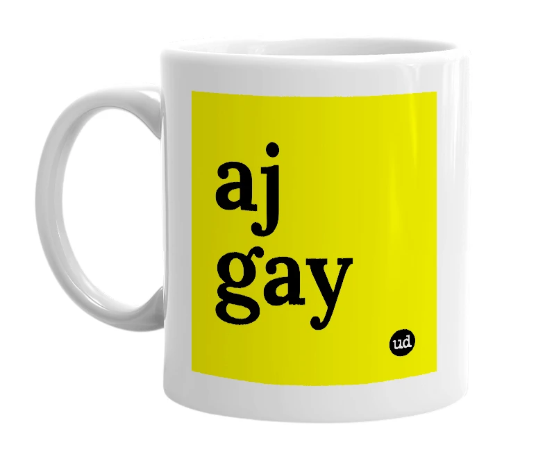 White mug with 'aj gay' in bold black letters
