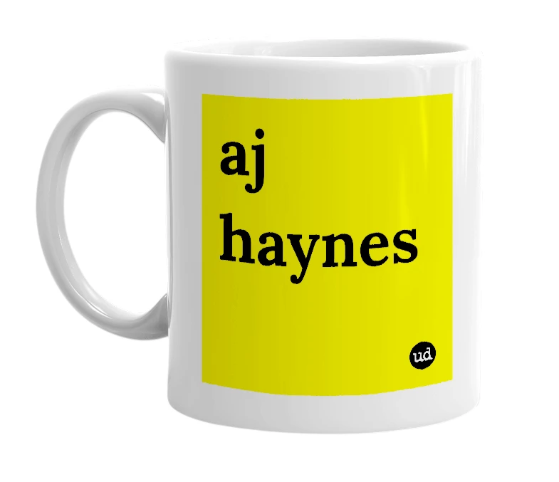 White mug with 'aj haynes' in bold black letters