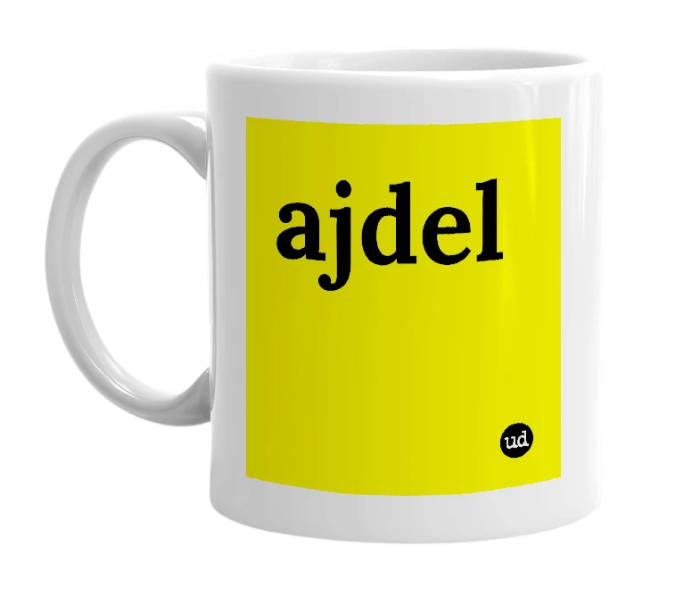 White mug with 'ajdel' in bold black letters