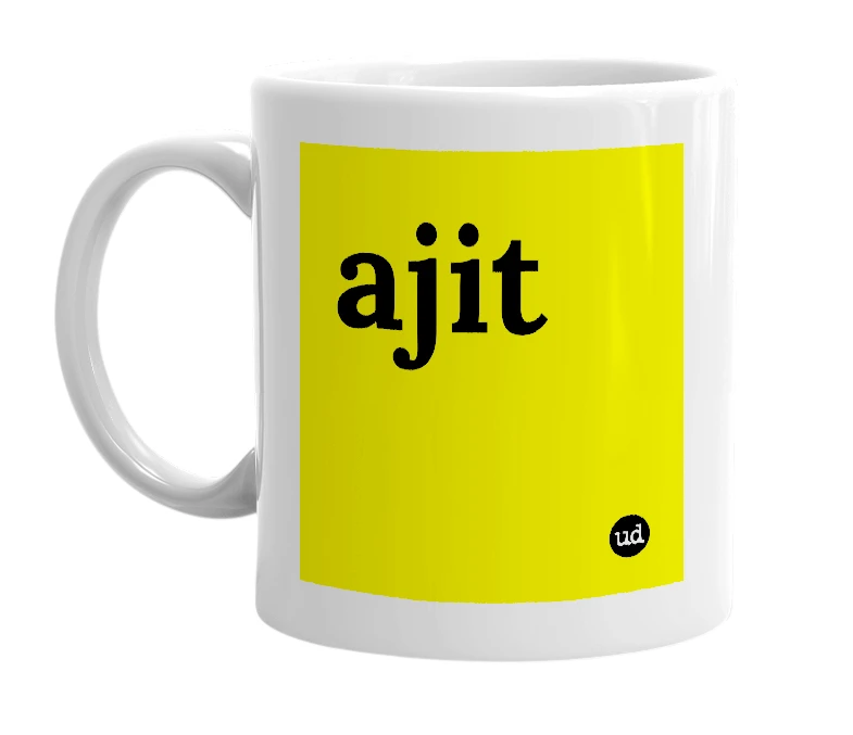 White mug with 'ajit' in bold black letters