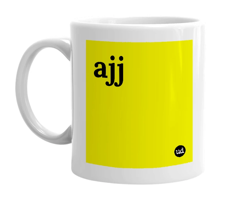 White mug with 'ajj' in bold black letters