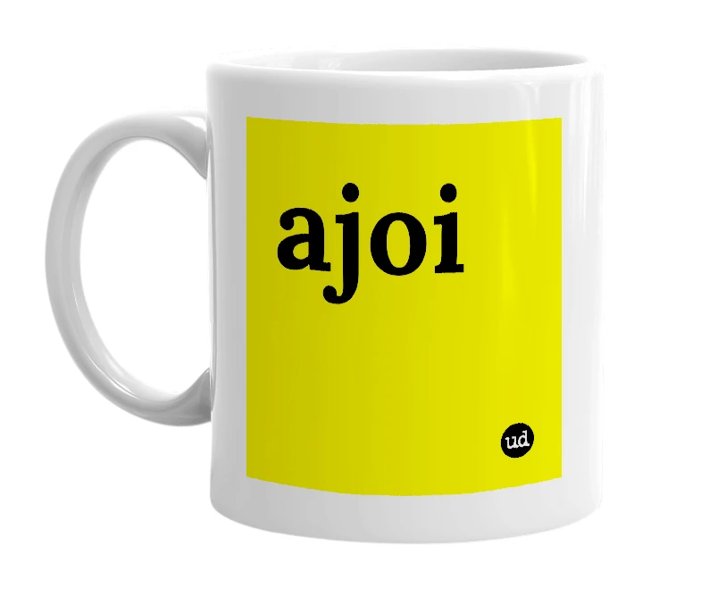 White mug with 'ajoi' in bold black letters