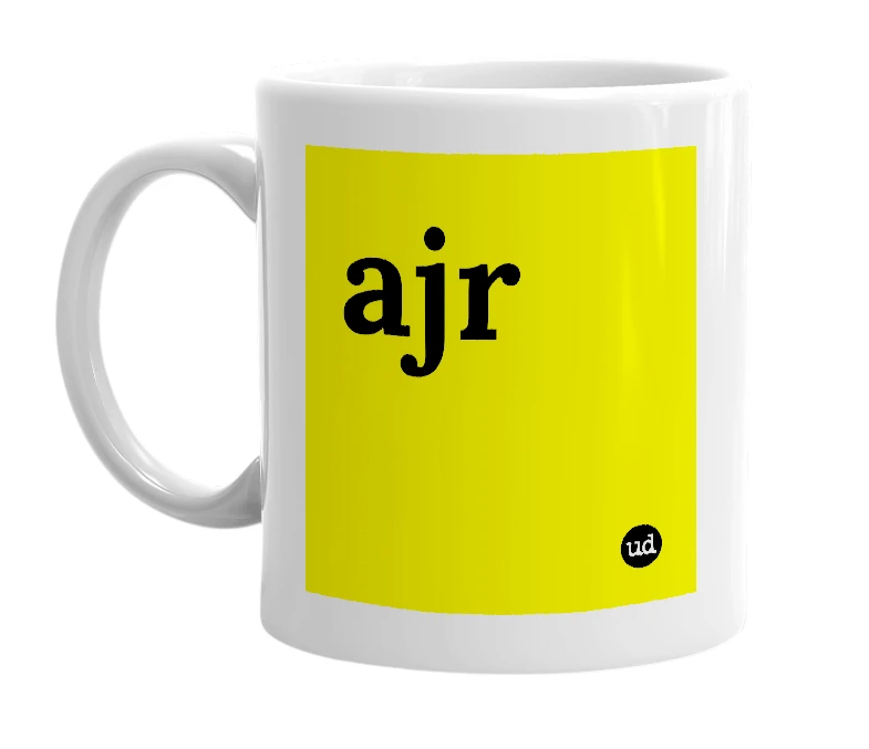 White mug with 'ajr' in bold black letters