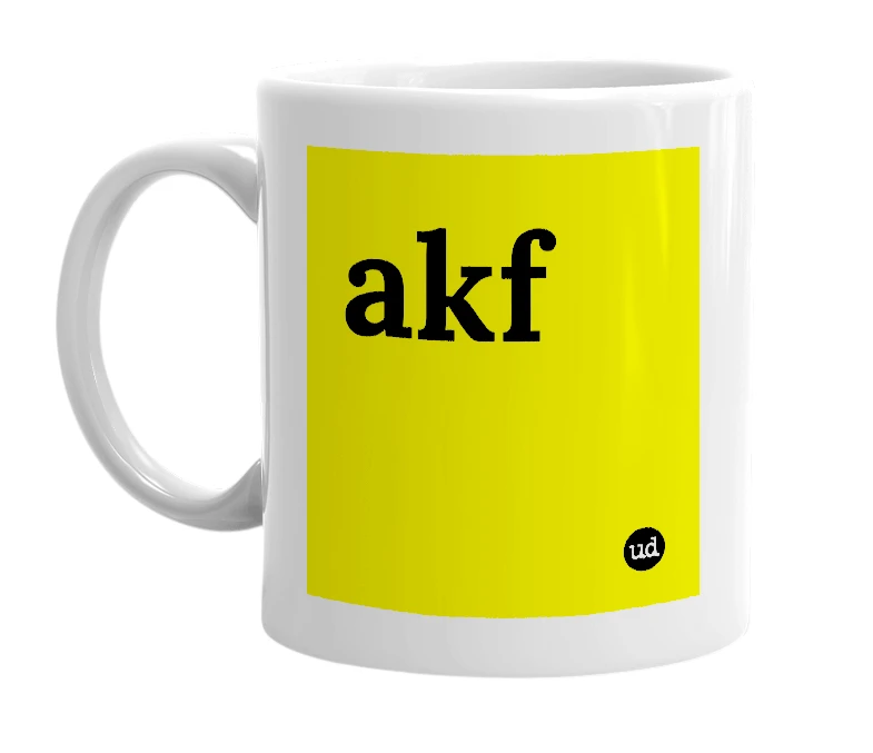 White mug with 'akf' in bold black letters