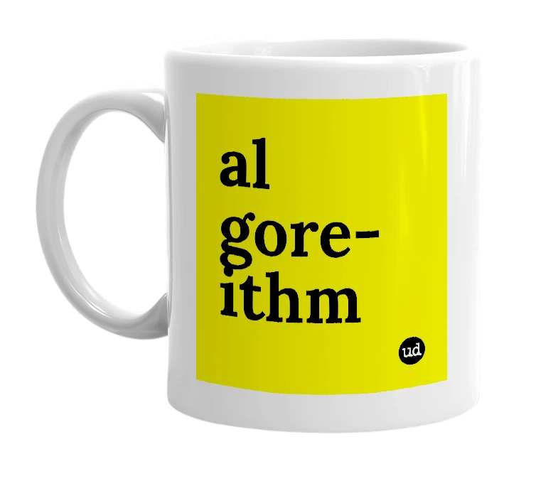 White mug with 'al gore-ithm' in bold black letters