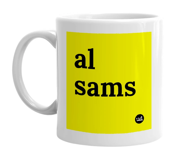 White mug with 'al sams' in bold black letters