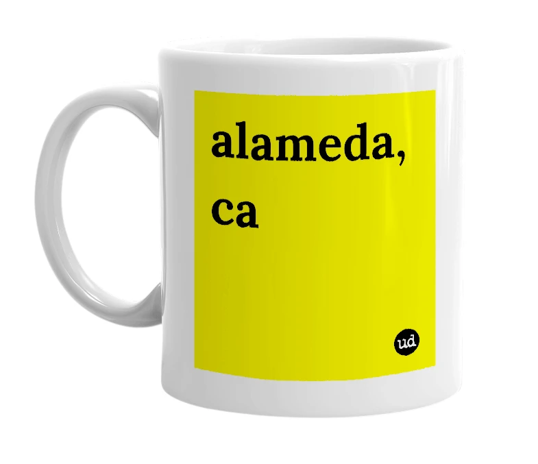 White mug with 'alameda, ca' in bold black letters