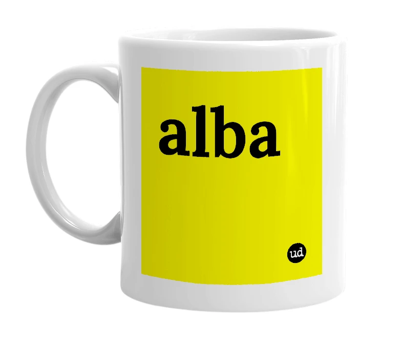 White mug with 'alba' in bold black letters