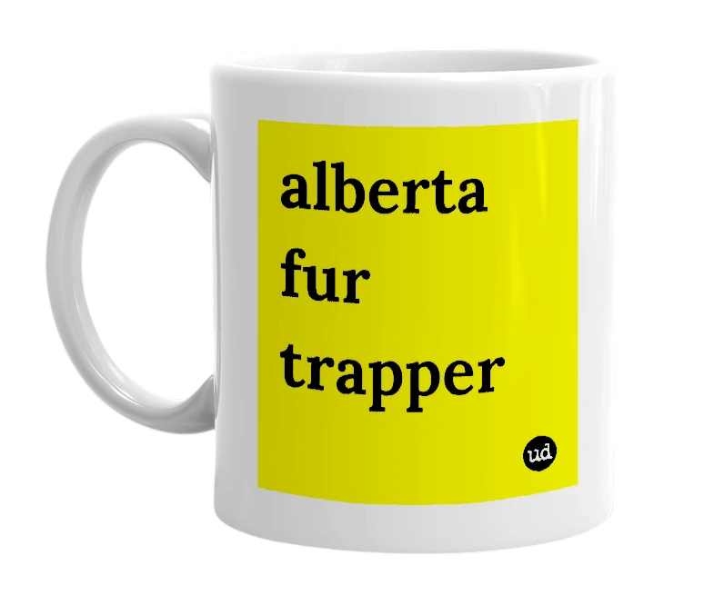 White mug with 'alberta fur trapper' in bold black letters