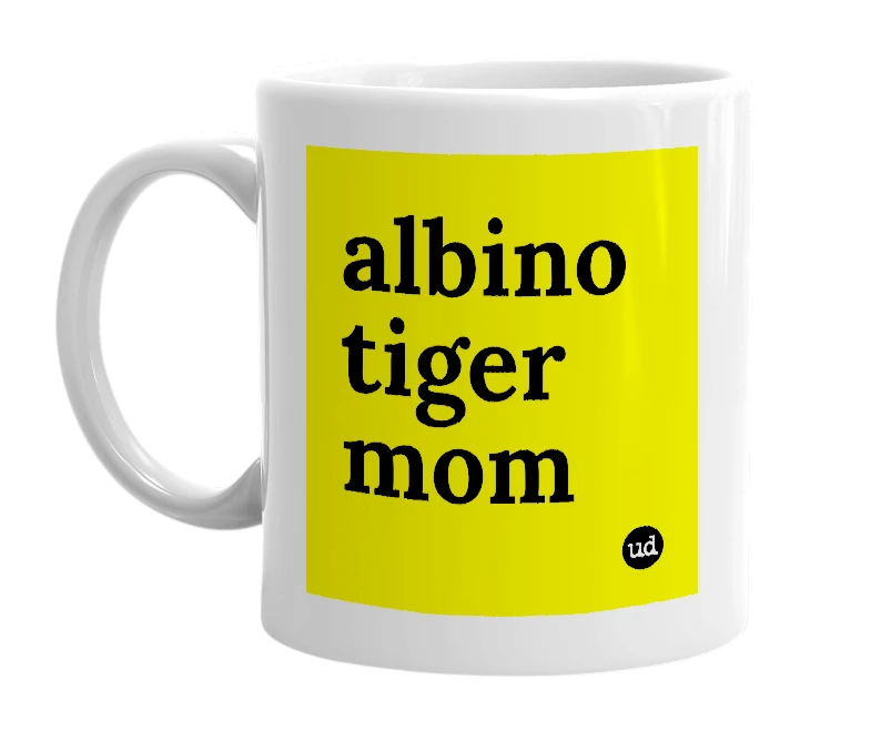 White mug with 'albino tiger mom' in bold black letters