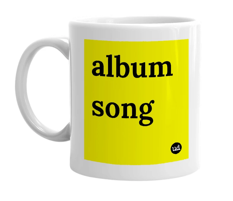 White mug with 'album song' in bold black letters