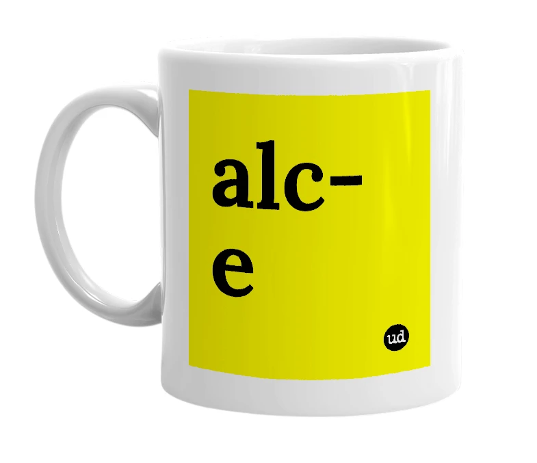 White mug with 'alc-e' in bold black letters