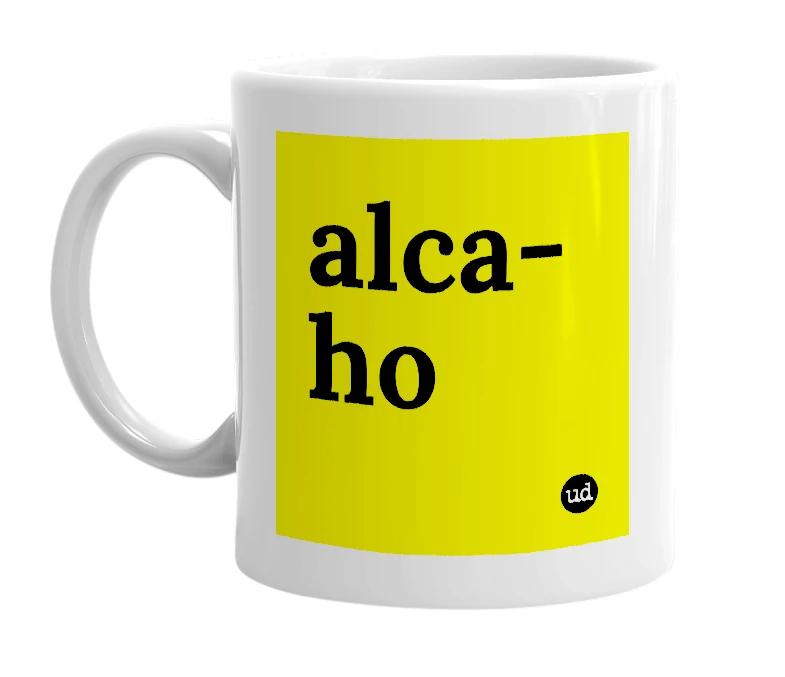 White mug with 'alca-ho' in bold black letters