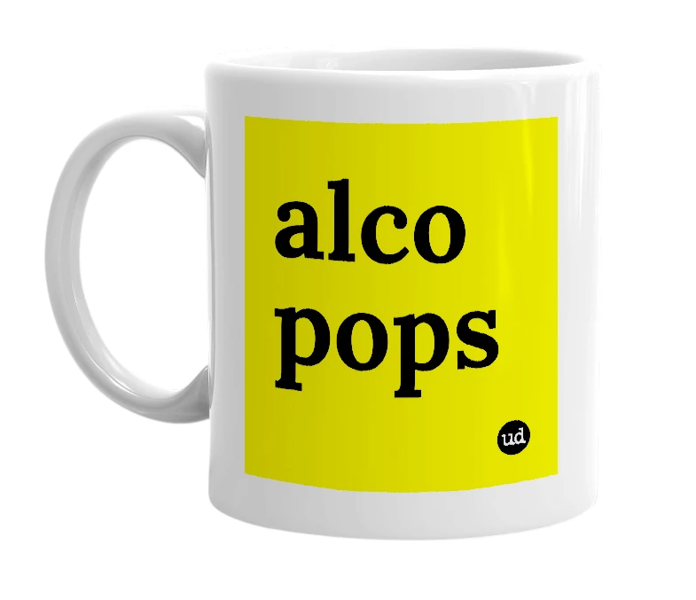 White mug with 'alco pops' in bold black letters