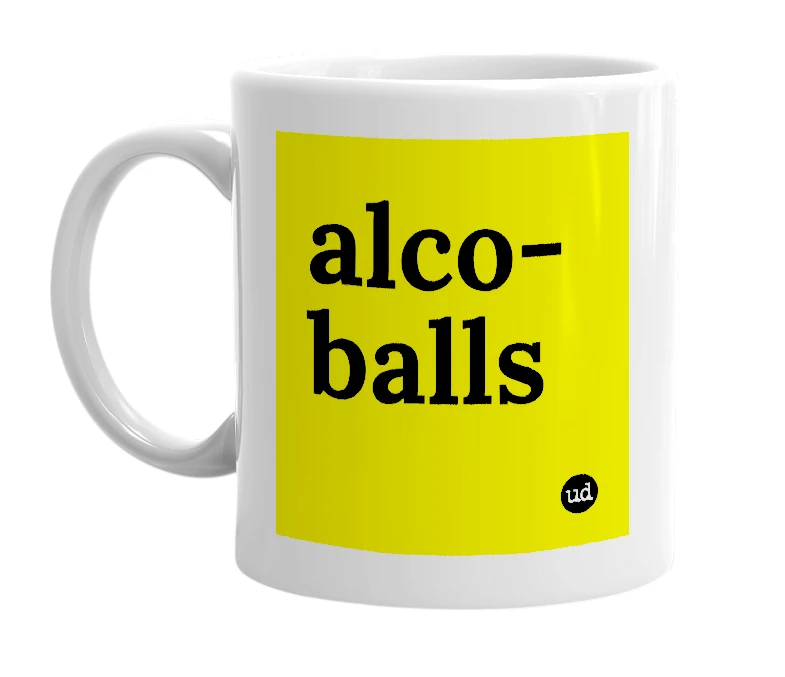 White mug with 'alco-balls' in bold black letters