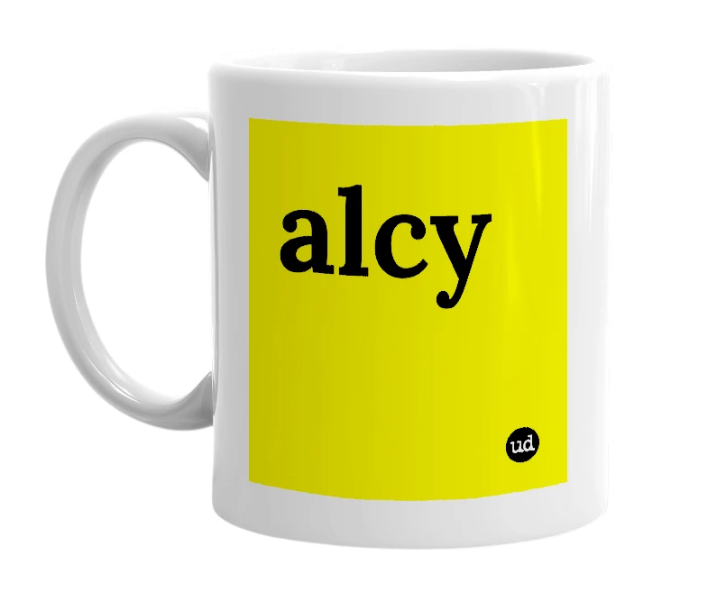 White mug with 'alcy' in bold black letters