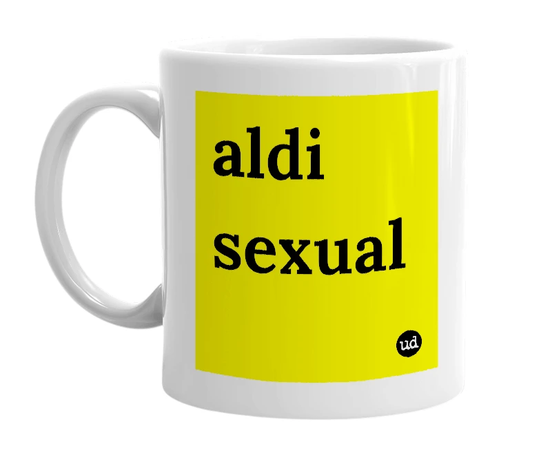 White mug with 'aldi sexual' in bold black letters