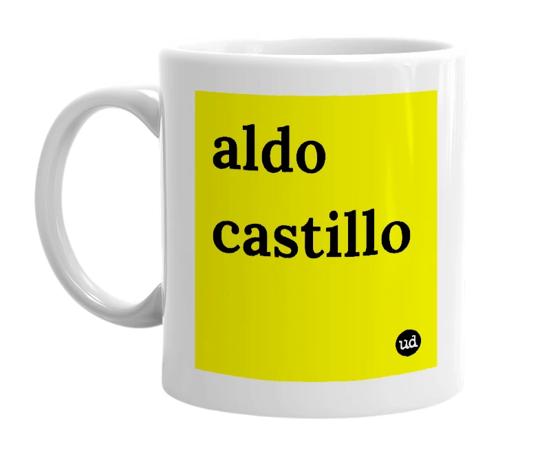 White mug with 'aldo castillo' in bold black letters