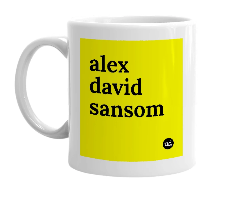 White mug with 'alex david sansom' in bold black letters