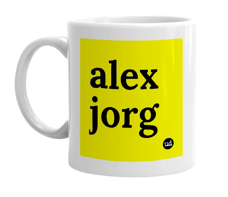 White mug with 'alex jorg' in bold black letters