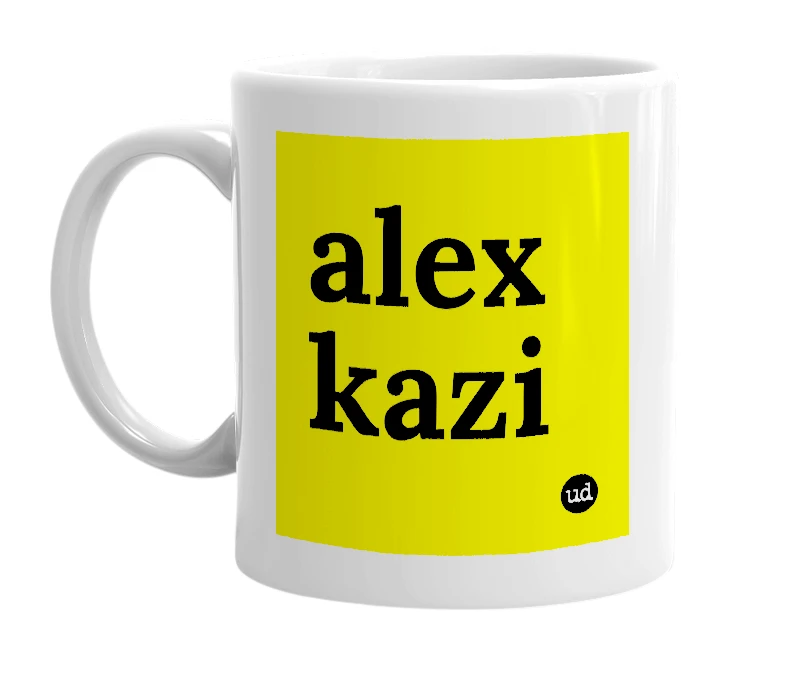 White mug with 'alex kazi' in bold black letters