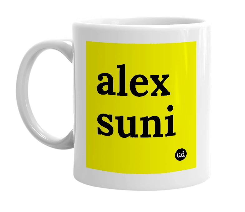 White mug with 'alex suni' in bold black letters