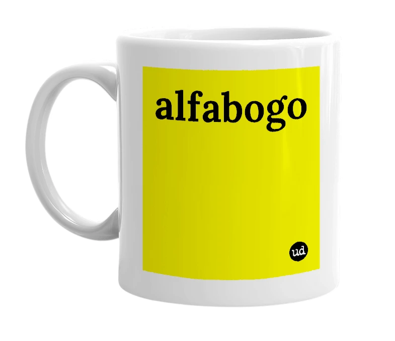 White mug with 'alfabogo' in bold black letters