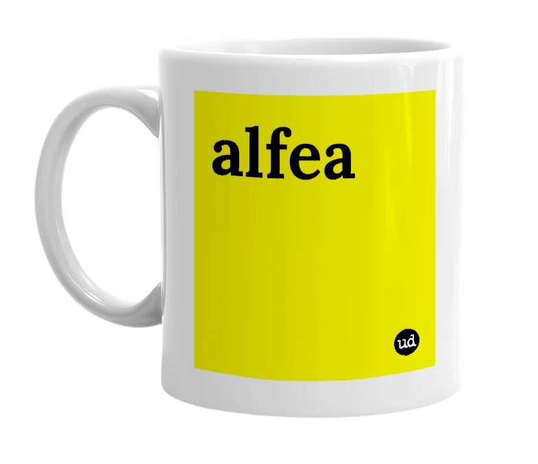 White mug with 'alfea' in bold black letters