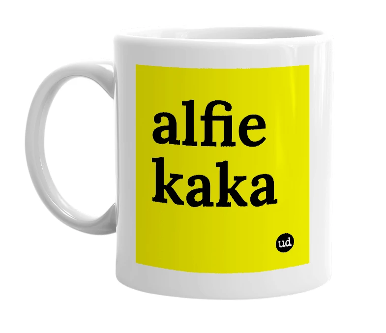White mug with 'alfie kaka' in bold black letters
