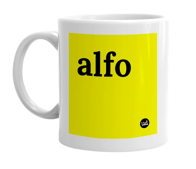 White mug with 'alfo' in bold black letters