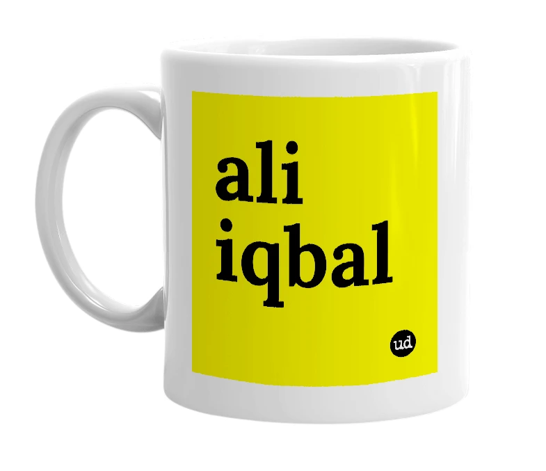 White mug with 'ali iqbal' in bold black letters