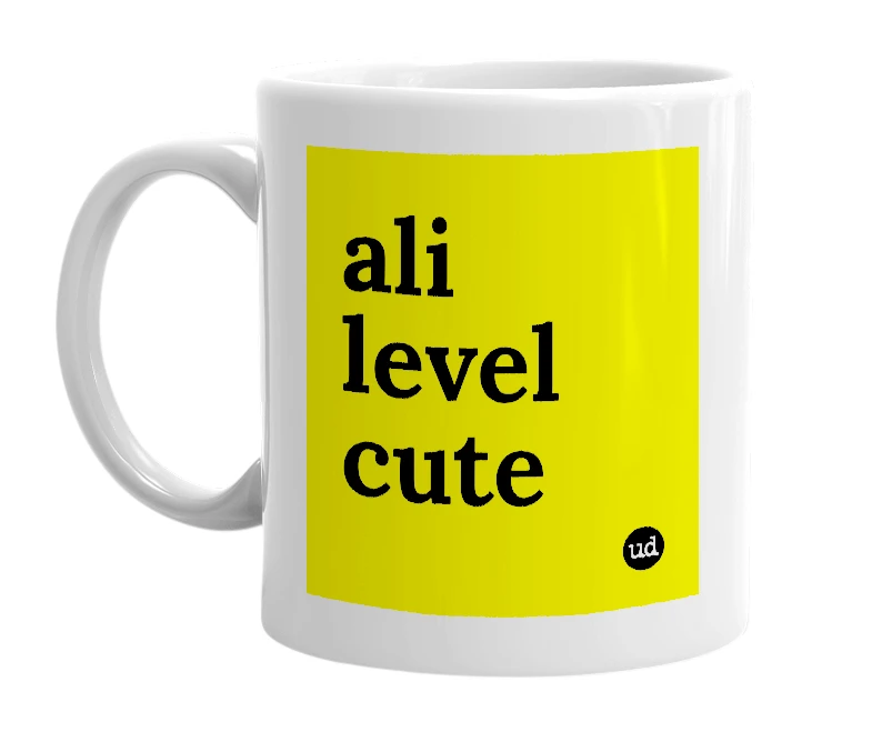 White mug with 'ali level cute' in bold black letters