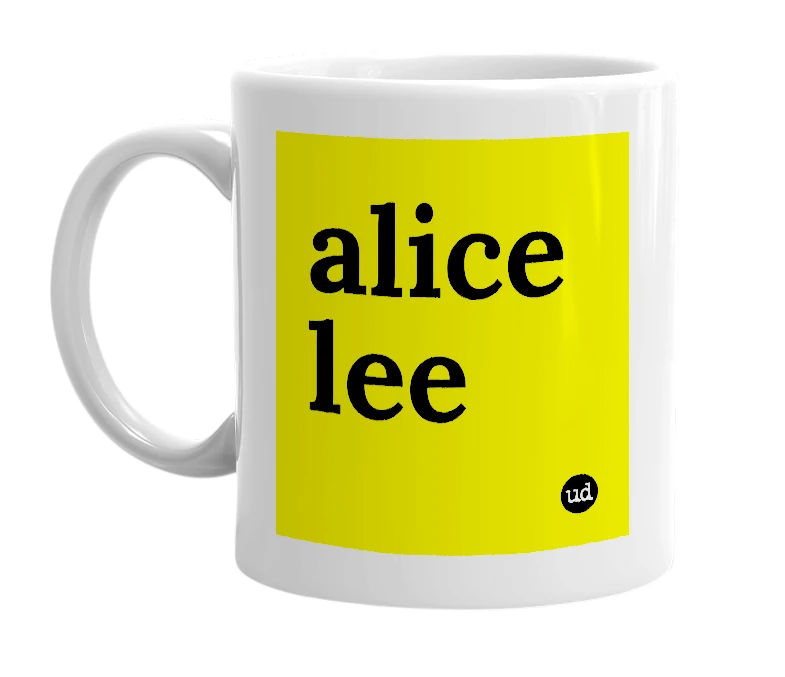 White mug with 'alice lee' in bold black letters